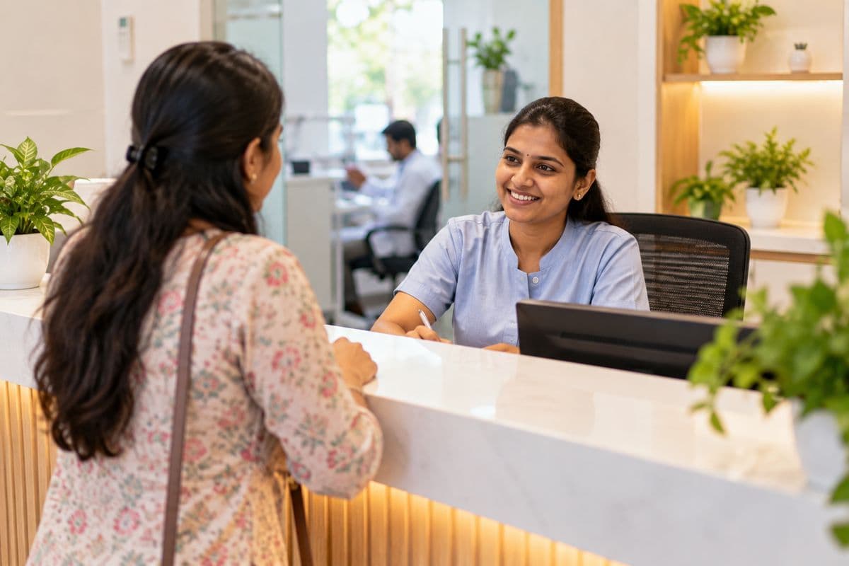 A clinic receptionist smiling at a visitor across the front desk