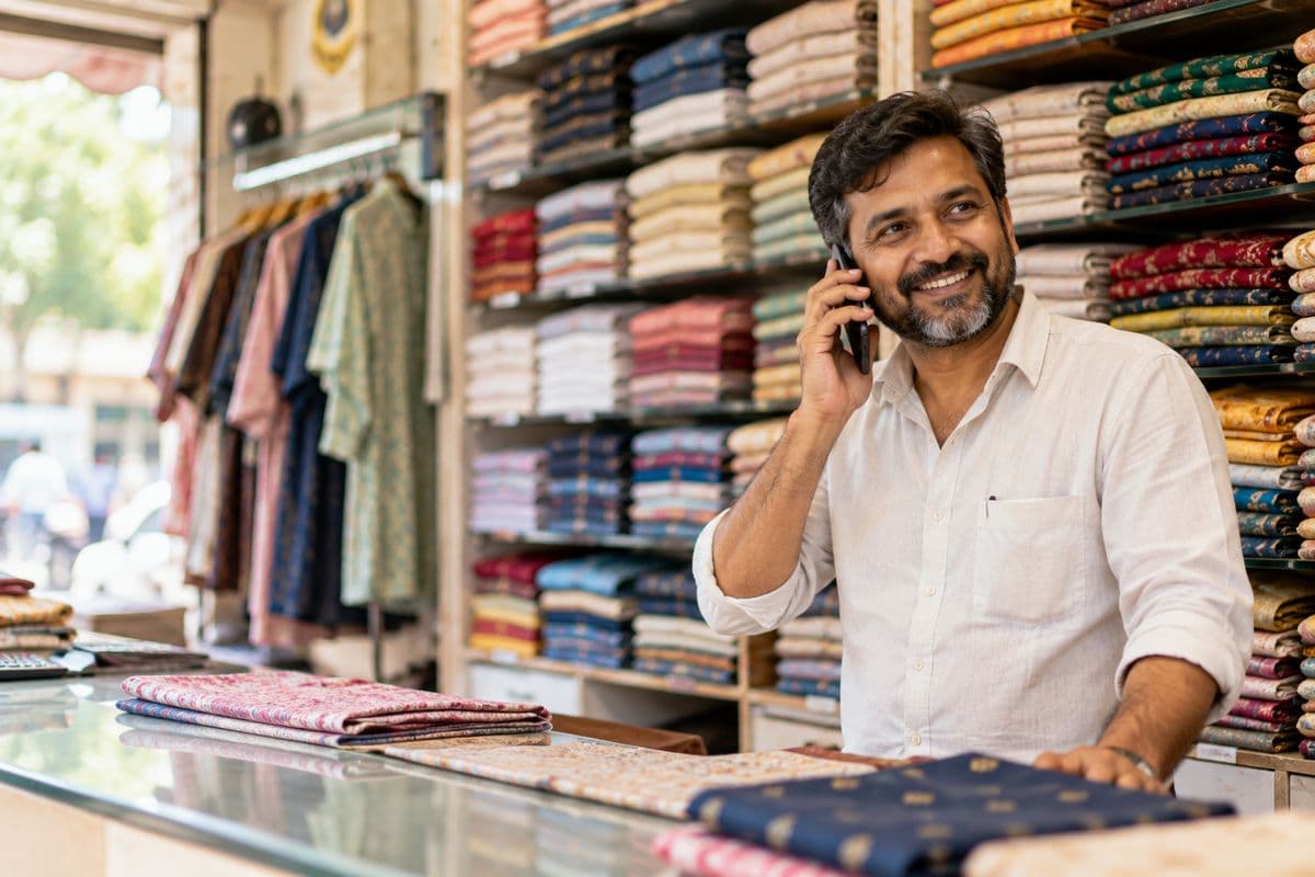 A clothing shop owner behind his counter, on the phone, shelves of folded fabric behind him