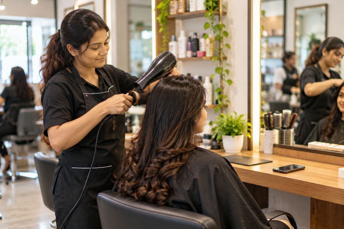 A stylist drying a customer’s hair at a salon station