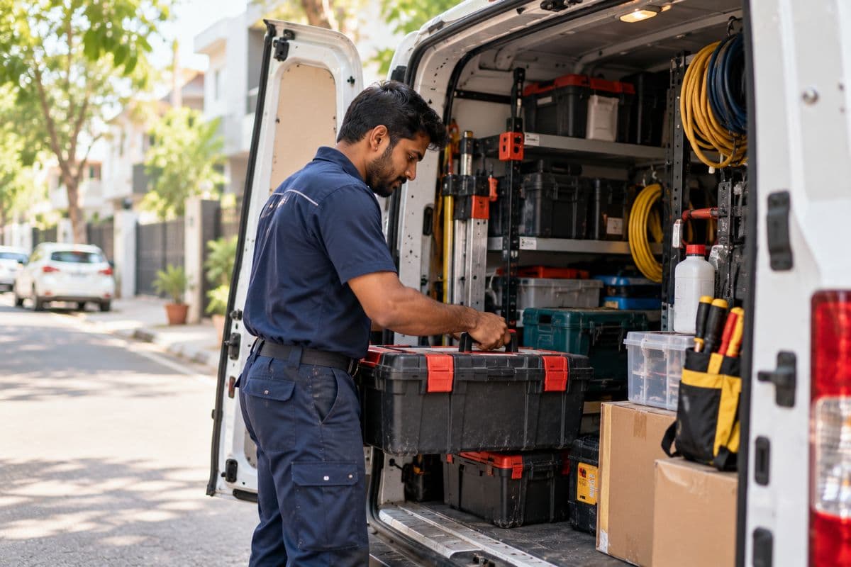 A technician in uniform loading tools into the open back of a service van