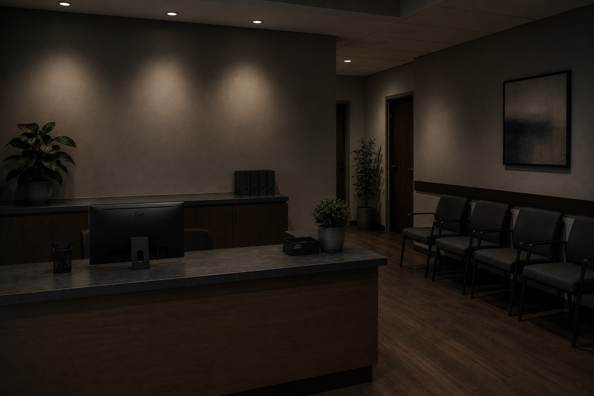 The waiting area of a small clinic, seen from the reception desk