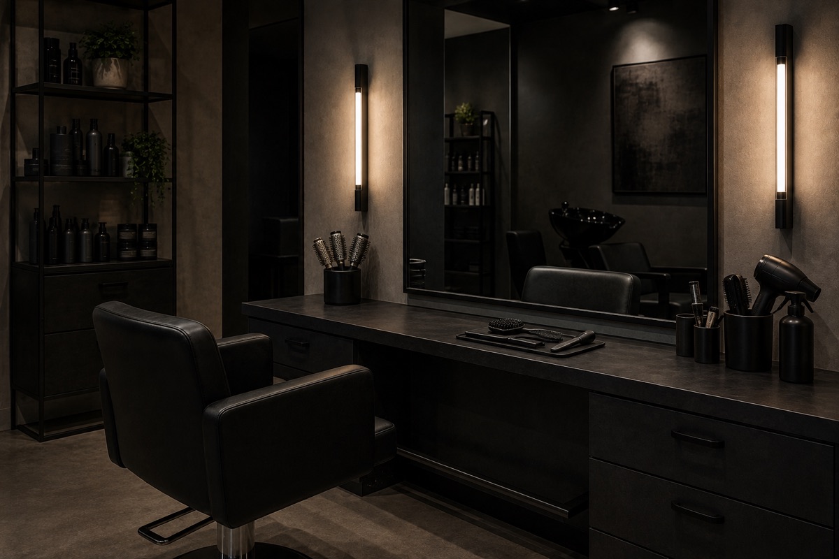 The interior of a small salon, seen along the row of styling stations