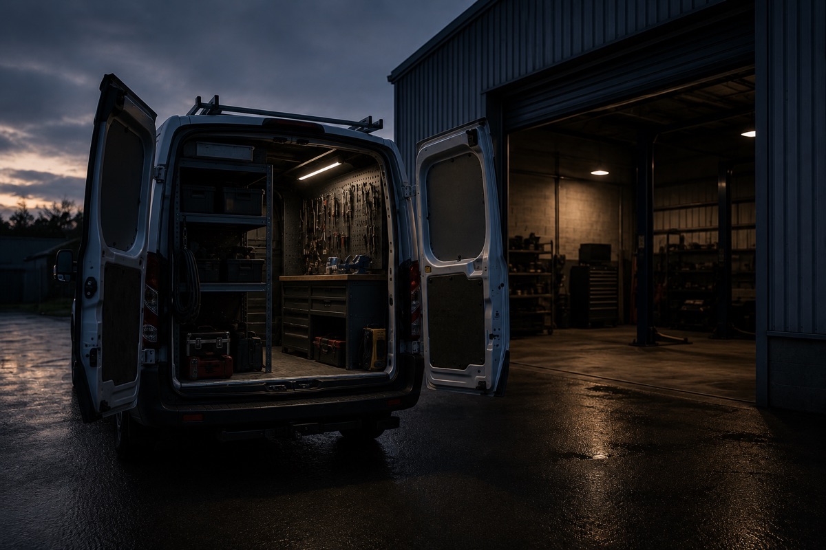 The open back doors of a service van at dusk, tools racked inside